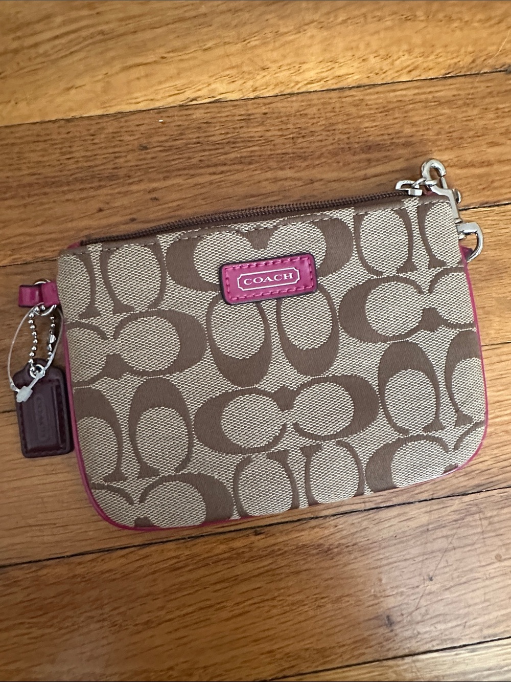 Coach Beige Signature Canvas Wristlet with Pink Trim